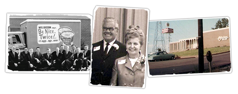 Historical timeline showcasing food industry heritage, featuring vintage company signage, business professionals, and distribution facilities representing wholesale food supply growth.