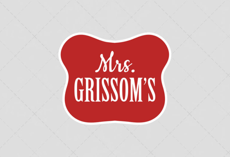 Mrs. Grissom's red and white food brand logo label, ideal for wholesale food suppliers and commercial food distribution packaging.