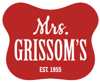 Mrs. Grissom's red badge logo with white text, established 1955, representing a trusted food supplier and distributor for wholesale food industry.
